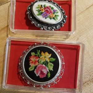 Two vintage Austrian Petit Point handmade brooches